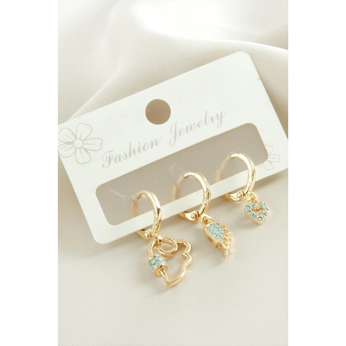 3 Adet Kanat Zirkon Taşlı Küpe