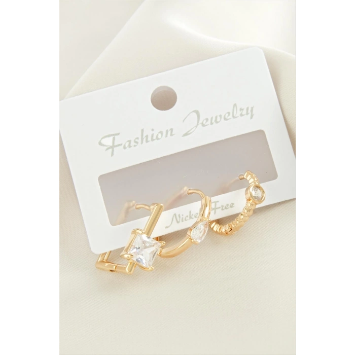 3 Adet Kare Zirkon Taşlı Küpe