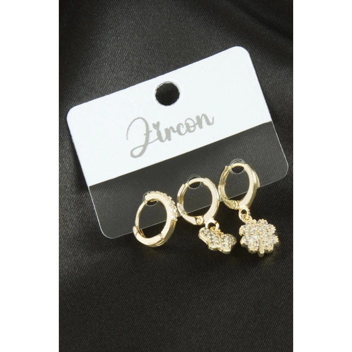 3 Adet Kelebek Yonca Zirkon Taşlı Küpe