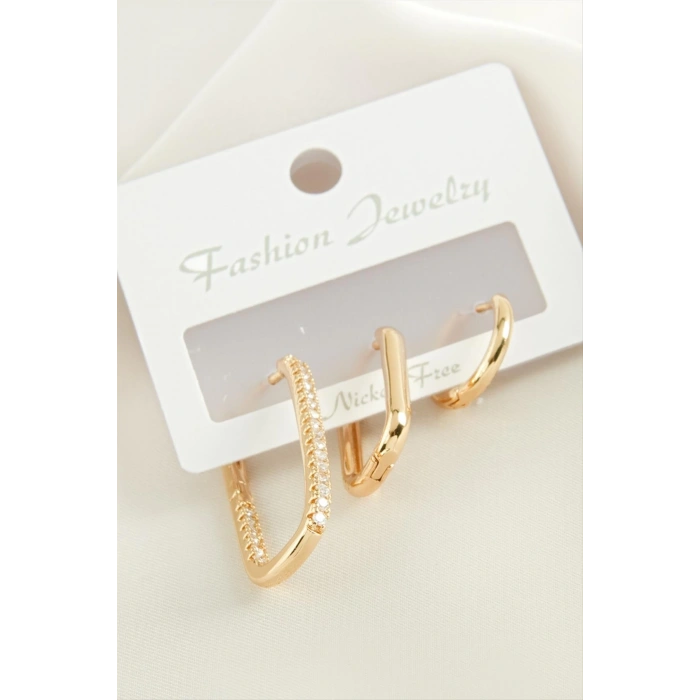 3 Adet Oval Zirkon Taşlı Küpe