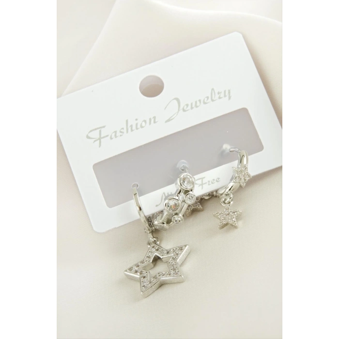 3 Adet Yıldız Zirkon Taşlı Küpe