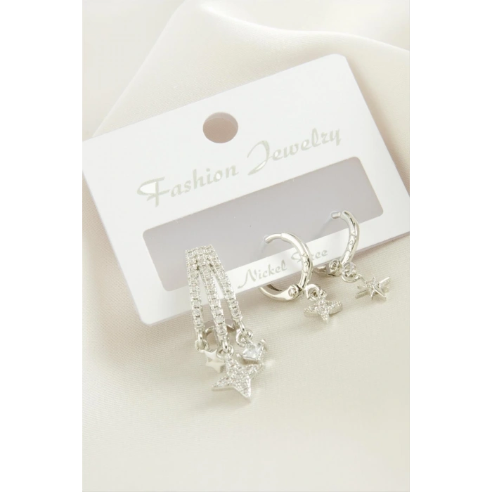 3 Adet Yıldız Zirkon Taşlı Küpe