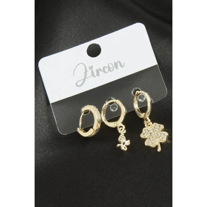 3 Adet Yonca Zirkon Taşlı Küpe