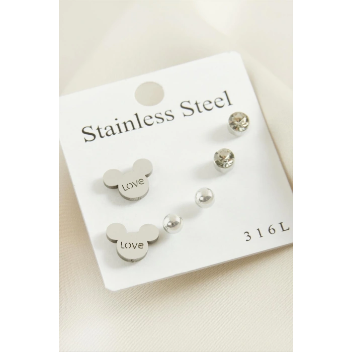 6 Adet Ayıcık Taşlı Çelik Küpe