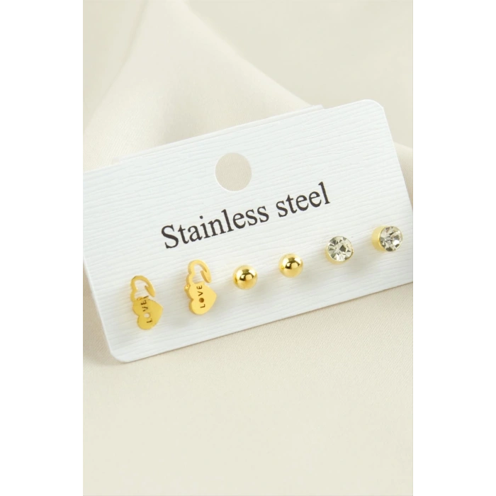 6 Adet Kalp Taşlı Çelik Küpe