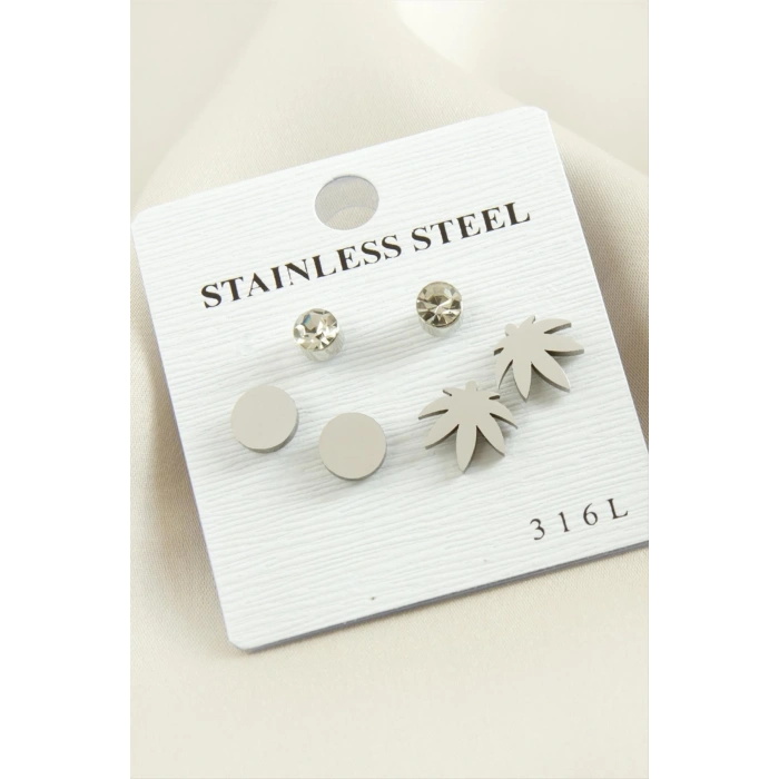 6 Adet Yaprak Taşlı Çelik Küpe