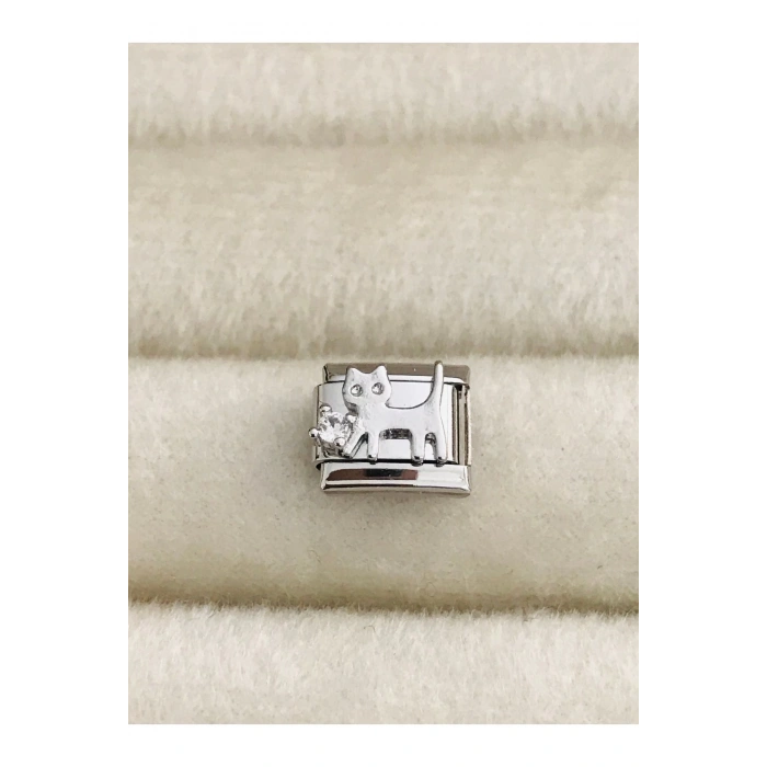 Gümüş Renk Taşlı Kedi 9 Mm Paslanmaz Çelik Italyan Bileklik Charmı