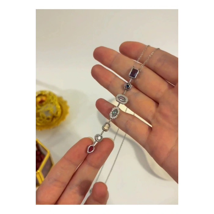 Taşlı Y Kolye Gümüş Renk