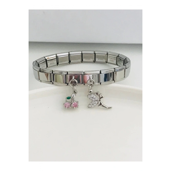 Sallantılı Kiraz Charmlı Italyan Çelik Bileklik 18 cm Uzunluk