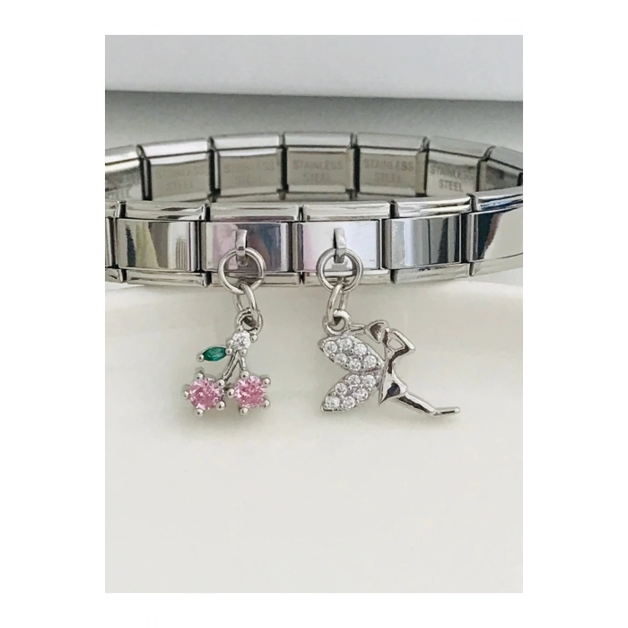 Sallantılı Kiraz Charmlı Italyan Çelik Bileklik 18 cm Uzunluk