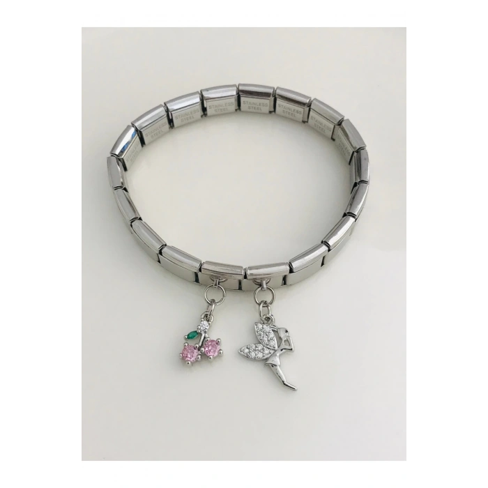 Sallantılı Kiraz Charmlı Italyan Çelik Bileklik 18 cm Uzunluk