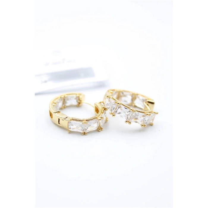 Baget Taşlı Halka Küpe - Altın