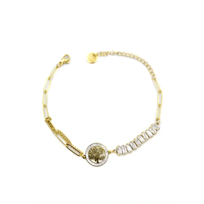 Baget Taşlı Hayat Ağacı Bileklik - Altın