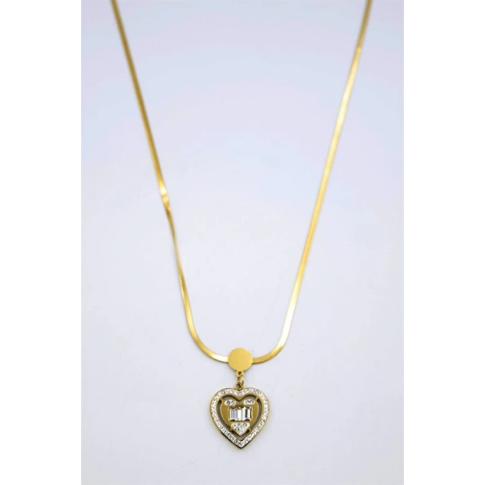 Baget Taşlı  Kalp Kolye - Altın