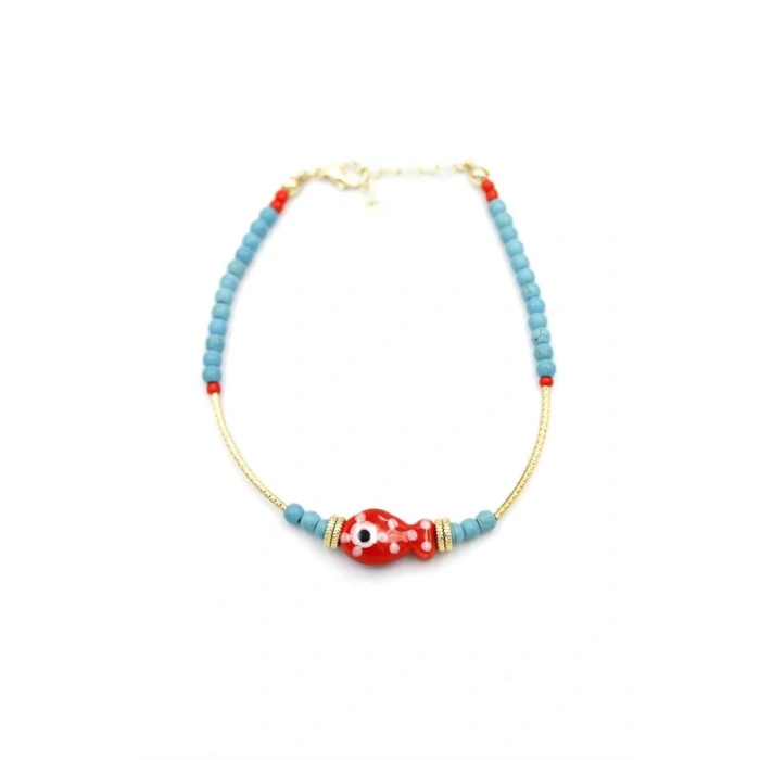 Boncuklu Balık Halhal - Kırmızı