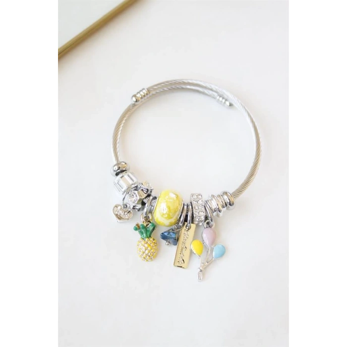 Çelik Charmlı Ananas Balon Bileklik - Sarı