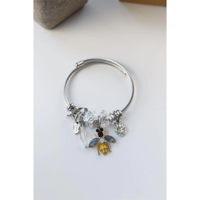 Çelik Charmlı Arı Bileklik - Sarı