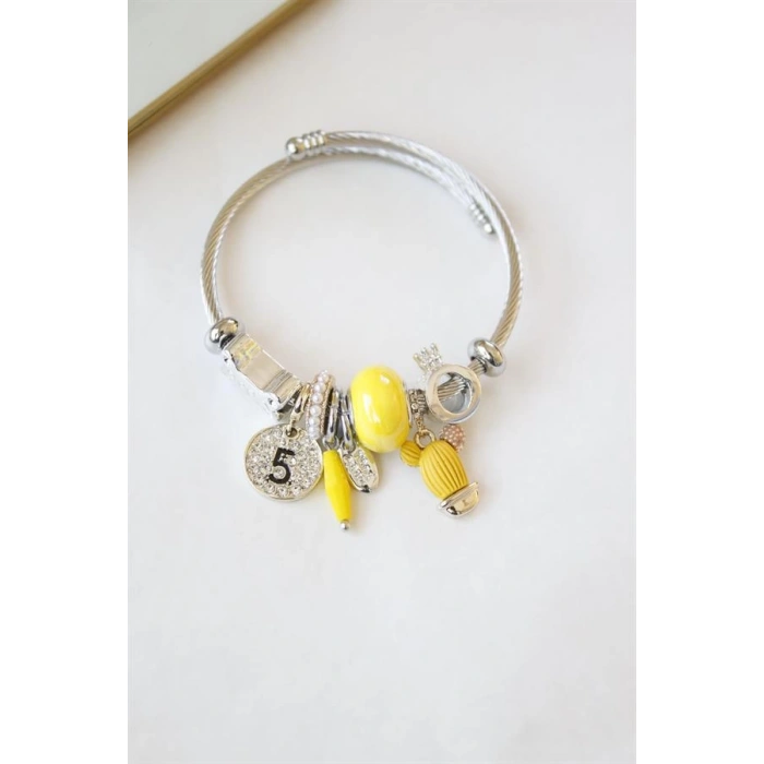 Çelik Charmlı Kaktüs Bilezik - Sarı