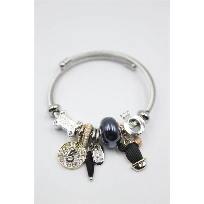 Çelik Charmlı Kaktüs Bilezik - Siyah