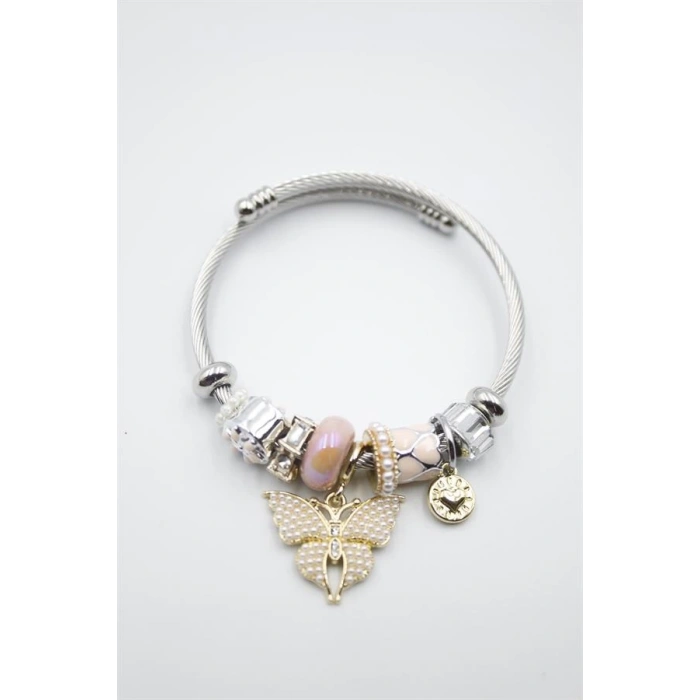 Çelik Charmlı Kelebek Bileklik - Pembe