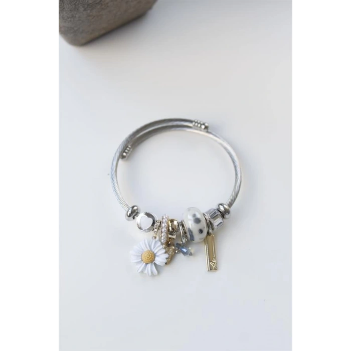 Çelik Charmlı Papatya Bileklik - Beyaz