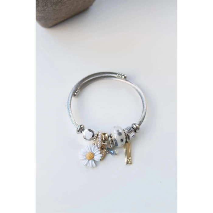 Çelik Charmlı Papatya Bileklik - Beyaz