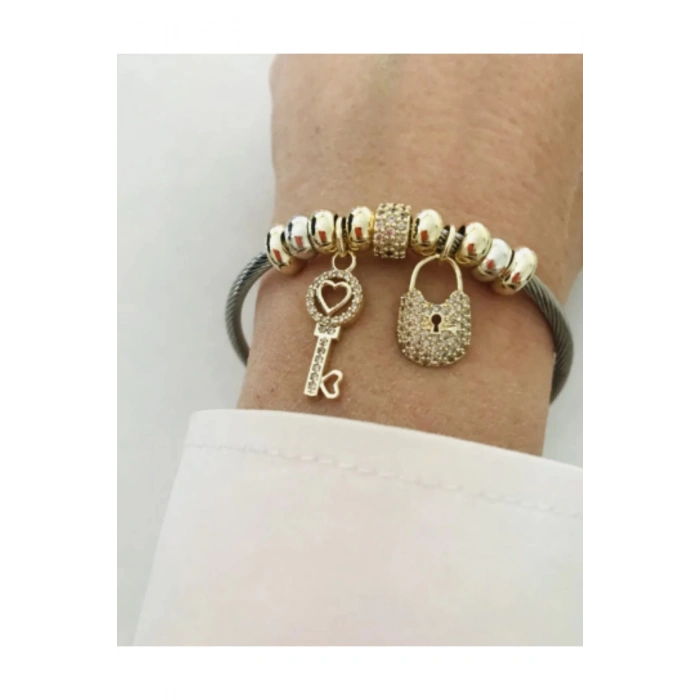 Çelik Kilit Anahtar Zirkon Charmlı Bileklik