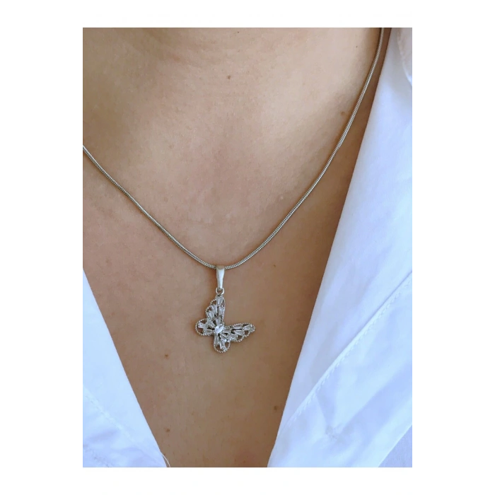 Çelik Zirkon Kelebek Kolye