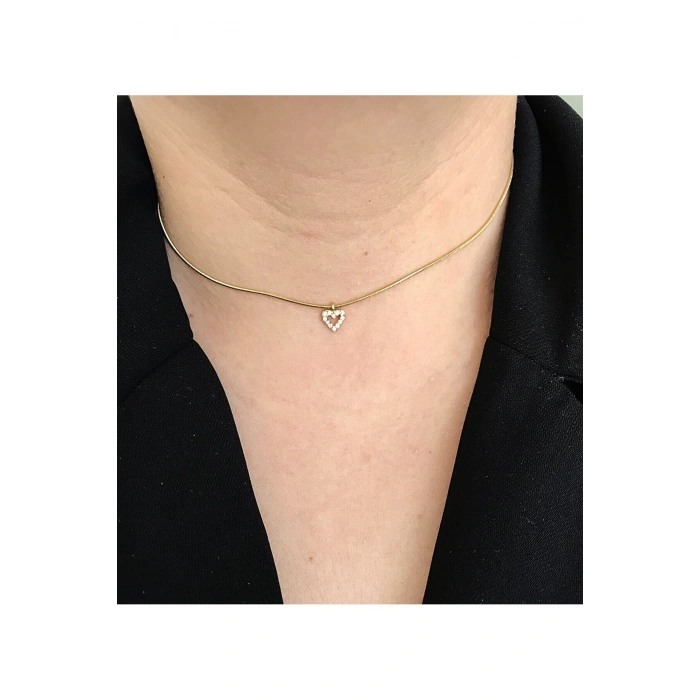 Çelik Zirkon Taşlı Kalp Choker
