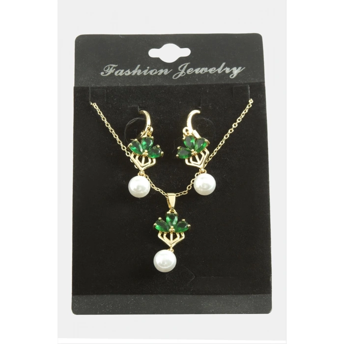 Çiçek İnci Zirkon Taşlı Set Kolye