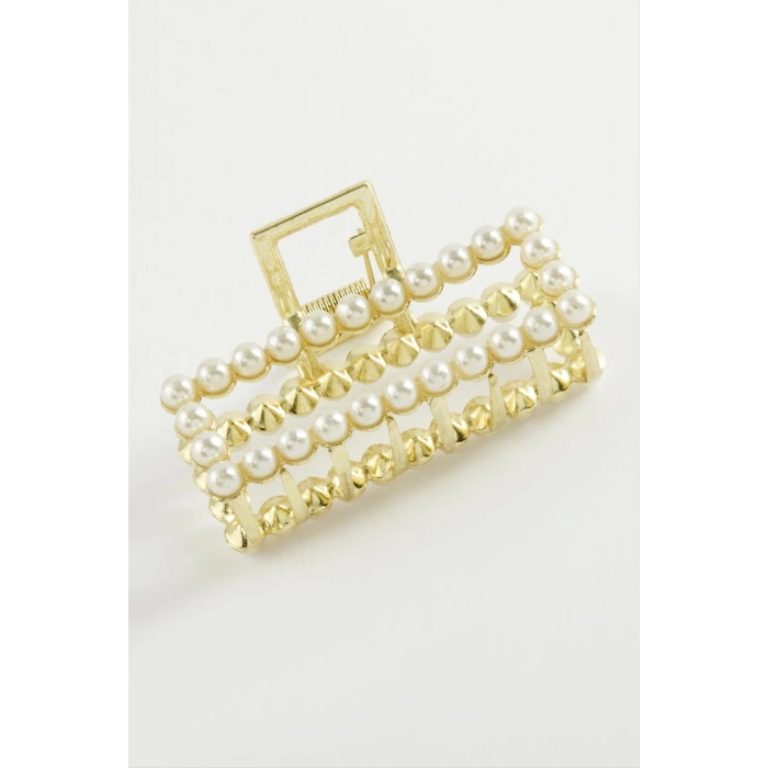 Dikdörtgen İnci Metal Mandal Toka 7 cm