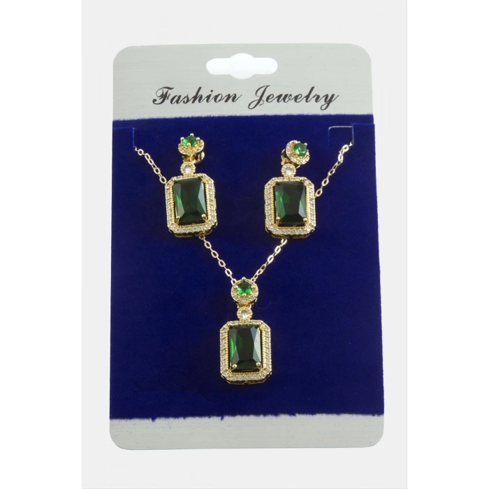 Dikdörtgen Zirkon Taşlı Set Kolye