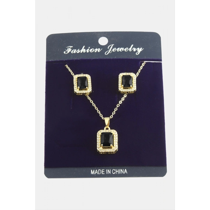 Dikdörtgen Zirkon Taşlı Set Kolye