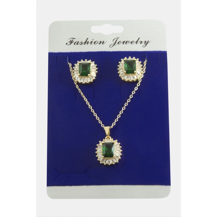 Dikdörtgen Zirkon Taşlı Set Kolye