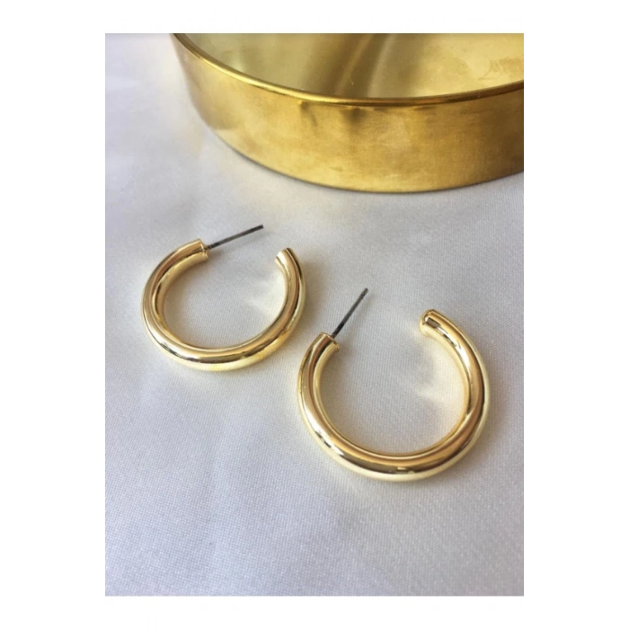 Dolgulu Boru Halka Küpe Orta Boy Altın Rengi