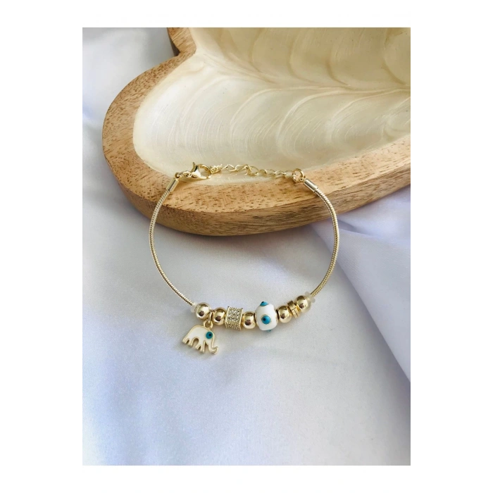 Gold Filli Nazar Boncuklu Taşlı Charm Bileklik