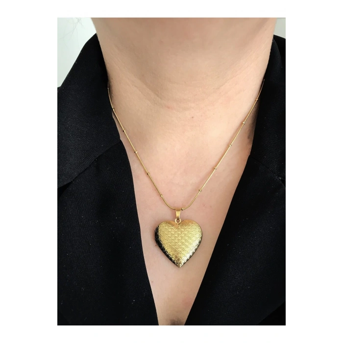 İçi Açılır Kapaklı Fotoğraflık Desenli Kalp Paslanmaz Çelik Kolye