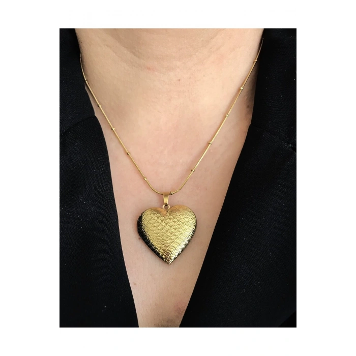 İçi Açılır Kapaklı Fotoğraflık Desenli Kalp Paslanmaz Çelik Kolye