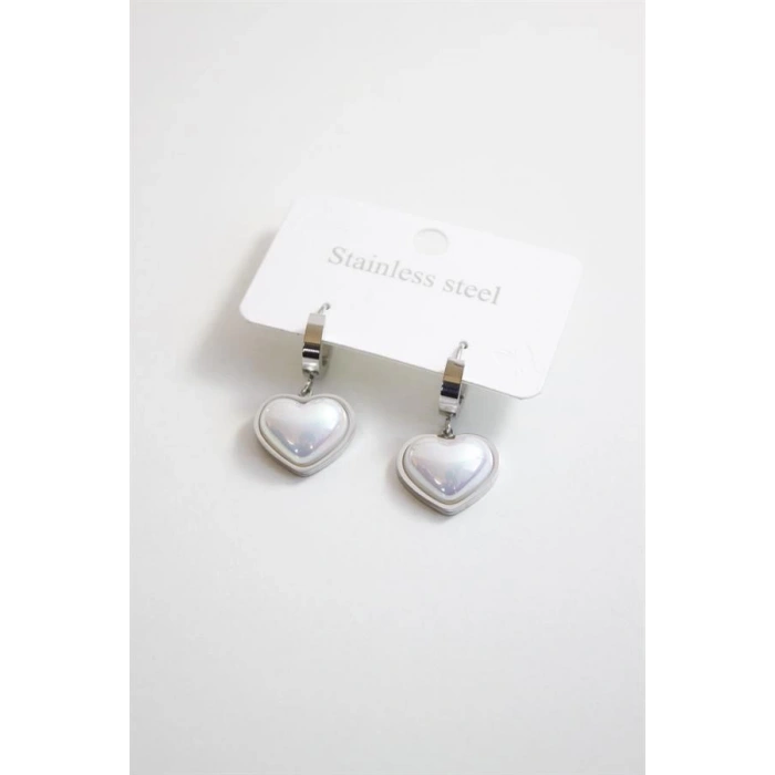 İncili Çelik Kalp Küpe - Gümüş