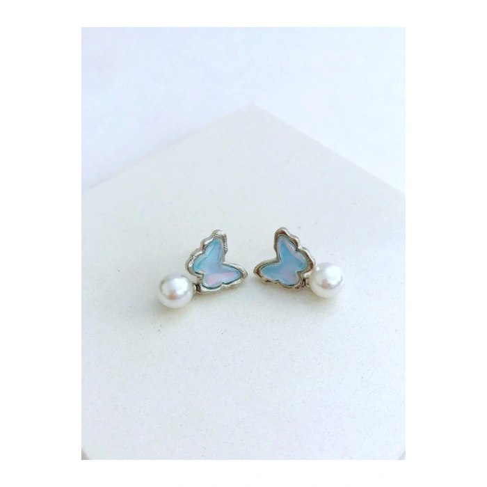 İncili Mavi Kelebek Küpe Minimal