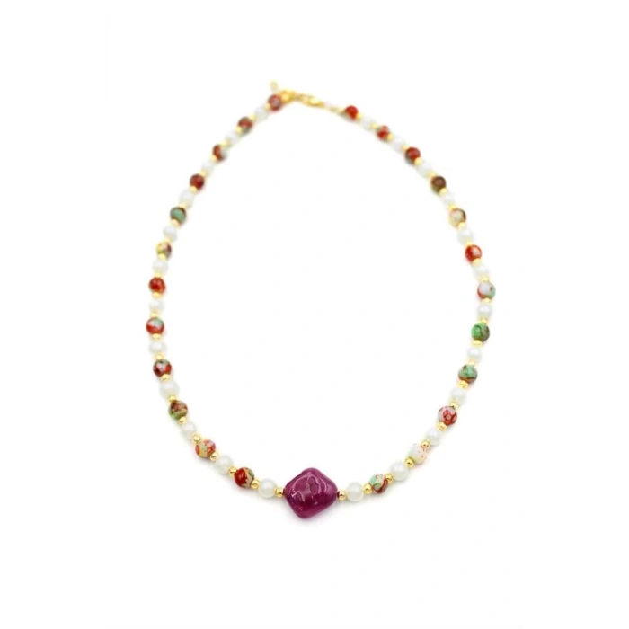 İncili Taşlı Kolye - Mor