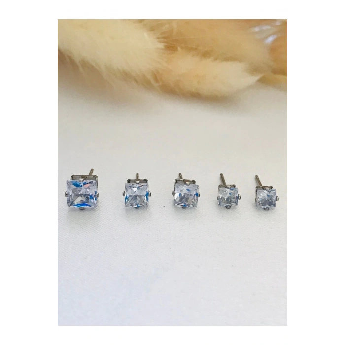 Kadın Erkek Zirkon Taşlı 5 Boy 1 Çift Çelik Küpe Gümüş Renk