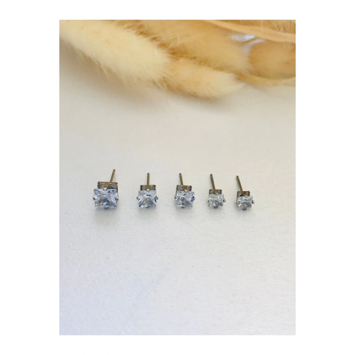 Kadın Erkek Zirkon Taşlı 5 Boy 1 Çift Çelik Küpe Gümüş Renk