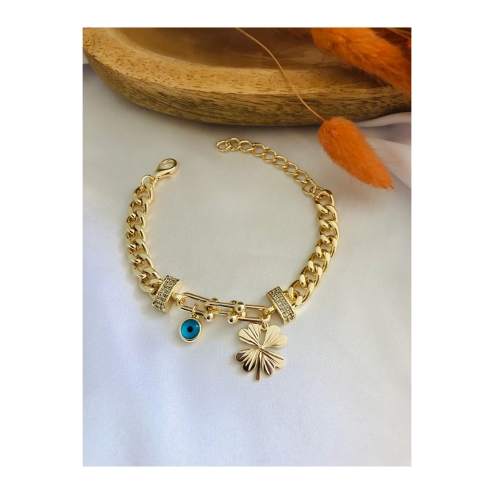 Kadın Yoncalı Nazar Boncuklu Taşlı Zincir Bileklik