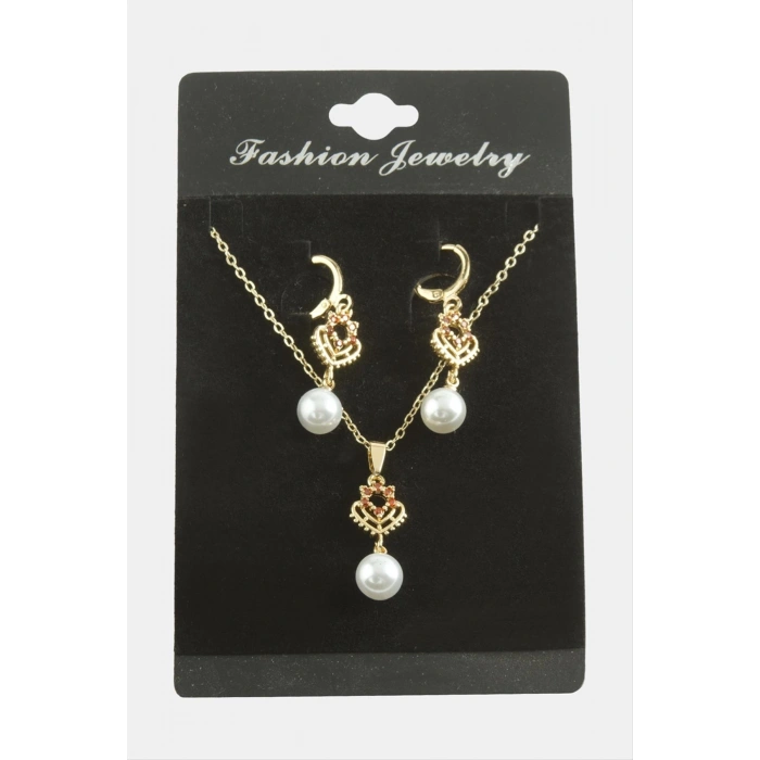 Kalp İnci Zirkon Taşlı Set Kolye