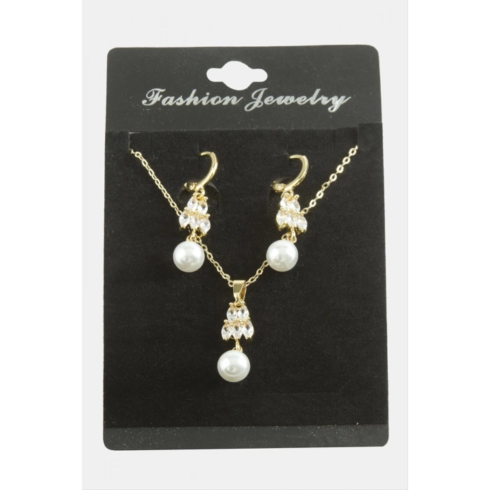 Kalp İnci Zirkon Taşlı Set Kolye