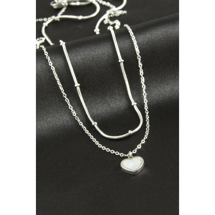 Kalp Sedef Lüks Çelik İkili Kolye