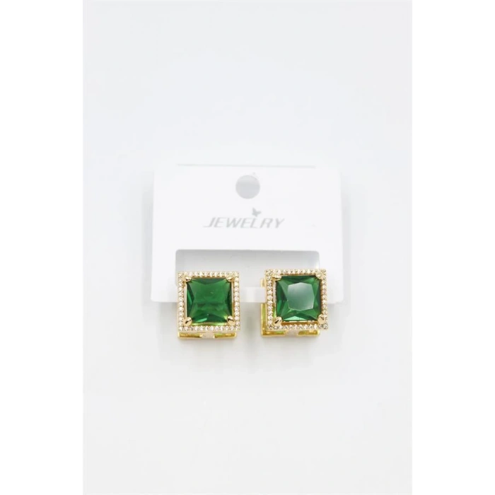 Kare Taşlı Küpe - Yeşil