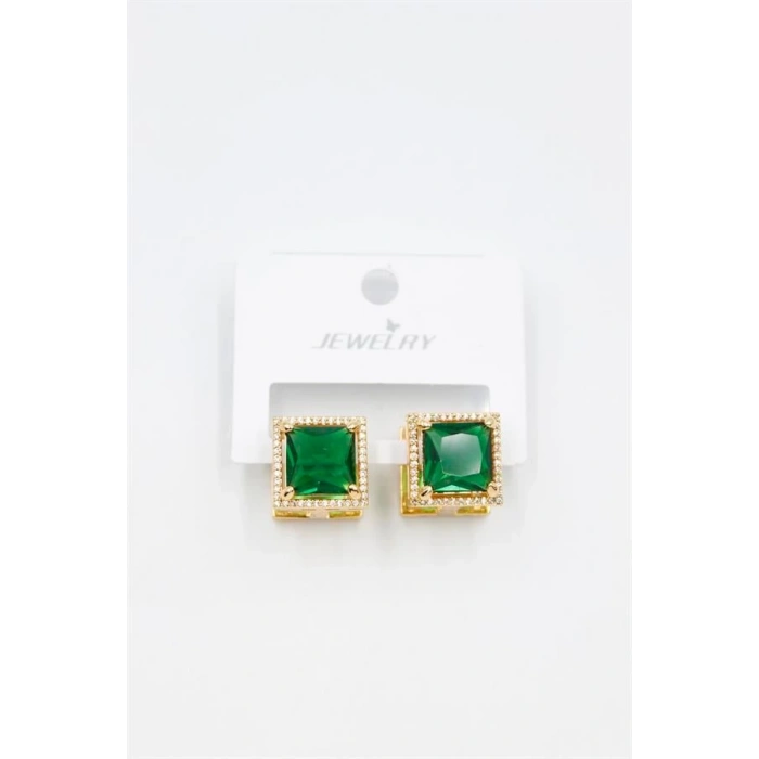 Kare Taşlı Küpe - Yeşil