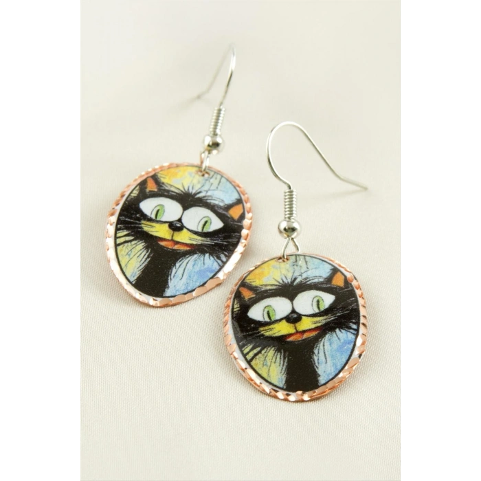 Kedi Desenli Oval Bakır Küpe